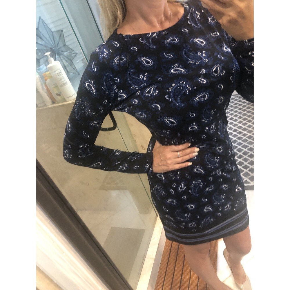 Michael Kors Paisley Print Stretch Sheath Dress Navy Multi S Modest Knee Length